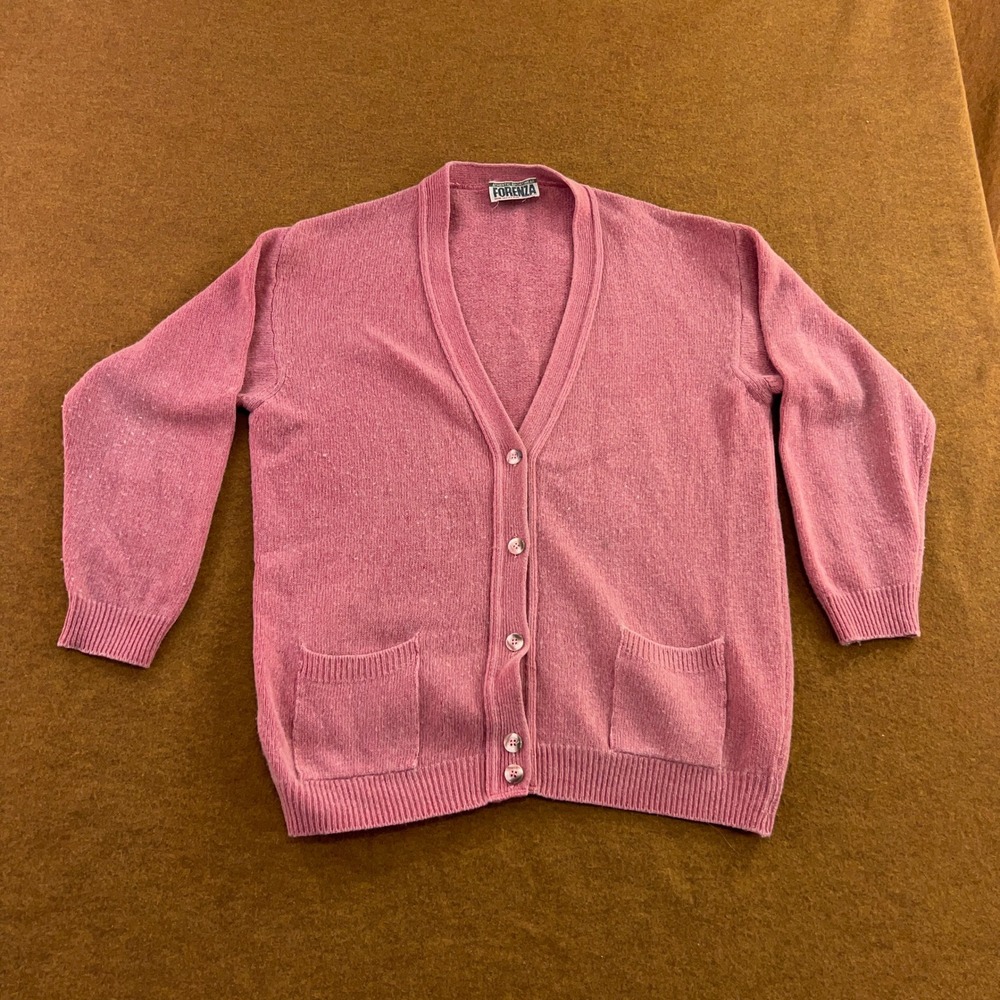 Forenza Womens Large Pink Vintage V-Neck Button Front Pocket Cardigan Sweater